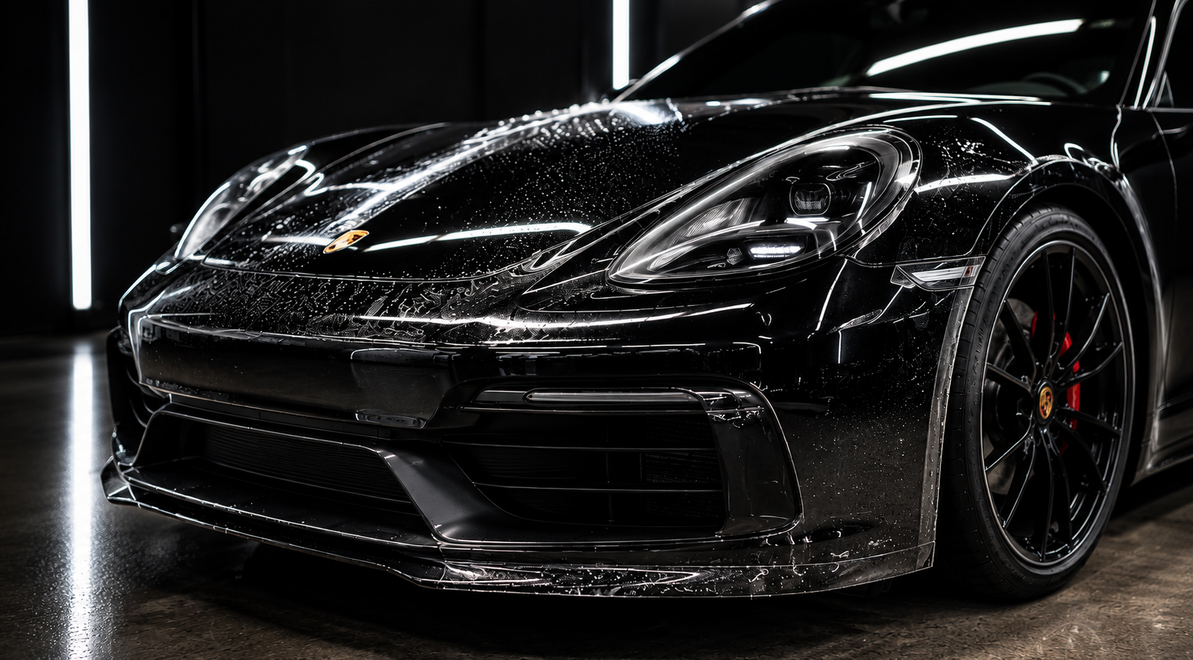 Black sports car front three-quarter view in a dark studio, highlighting glossy protected paint on the hood, bumper, and front fender