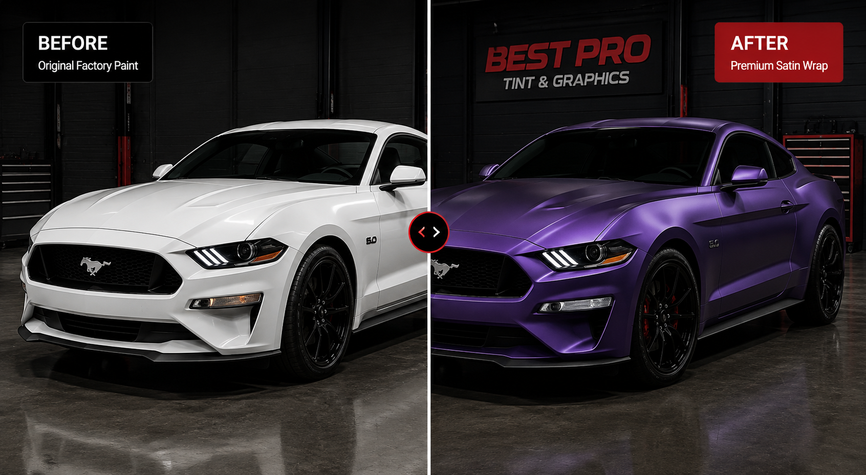 Before and after vehicle wrap comparison showing the same sports car from the same angle with white factory paint on the left and a premium purple satin wrap on the right