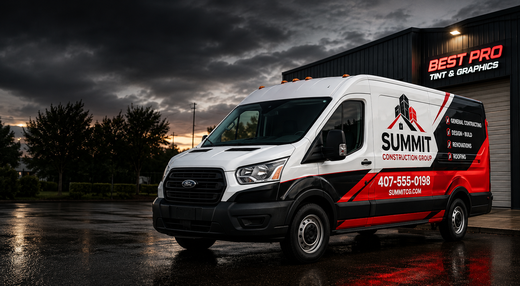 Branded Summit Construction Group service van parked outside a building at dusk