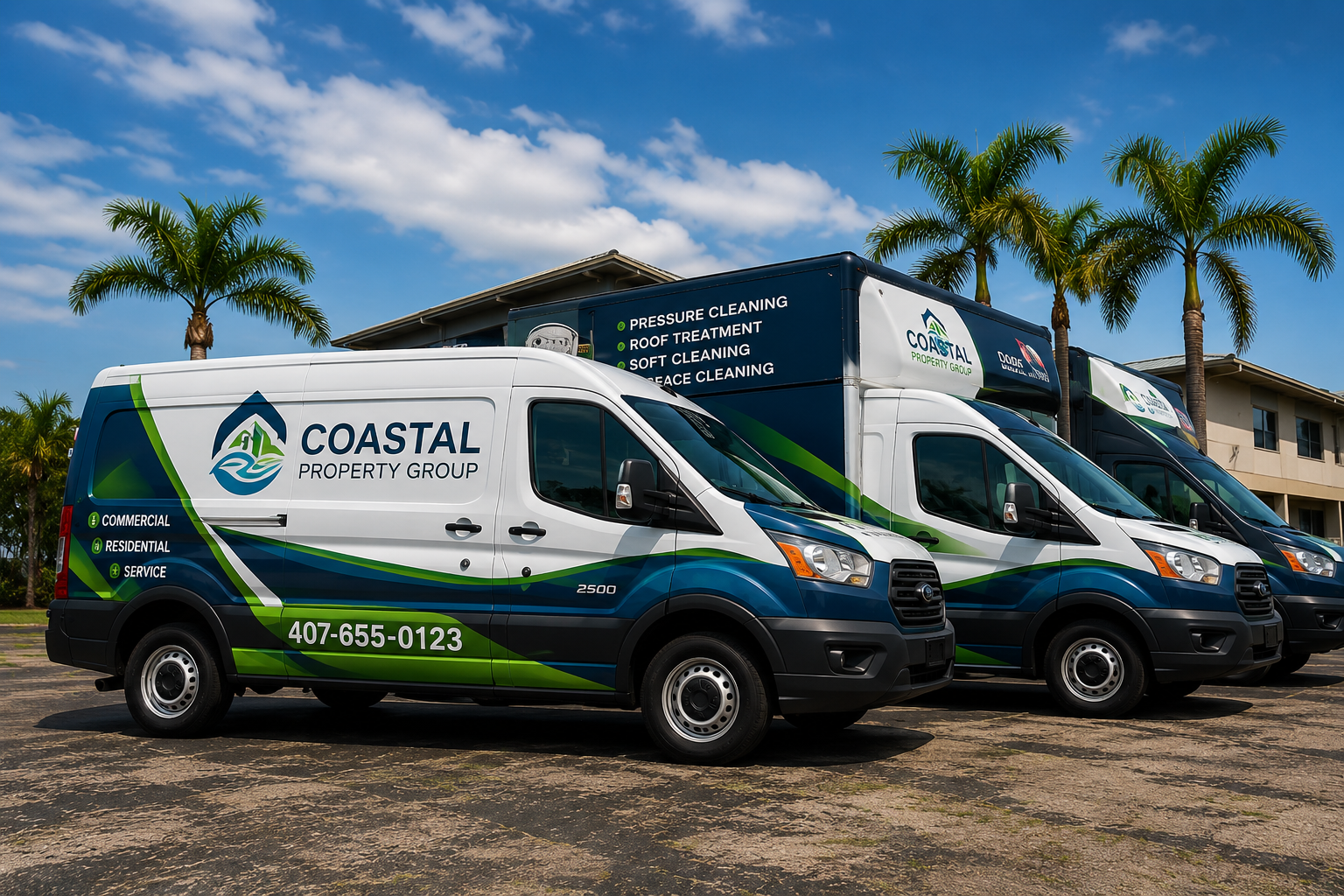 Branded Coastal Property Group fleet vans and box trucks parked outdoors