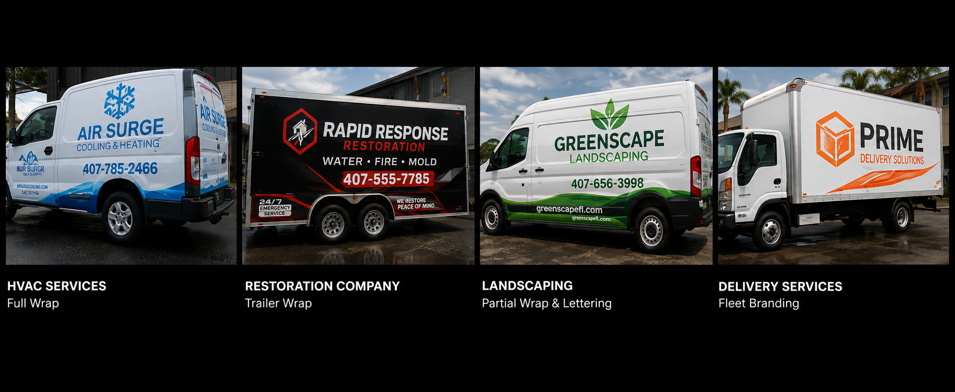 Portfolio grid showing four branded commercial vehicles for HVAC, restoration, landscaping, and delivery services