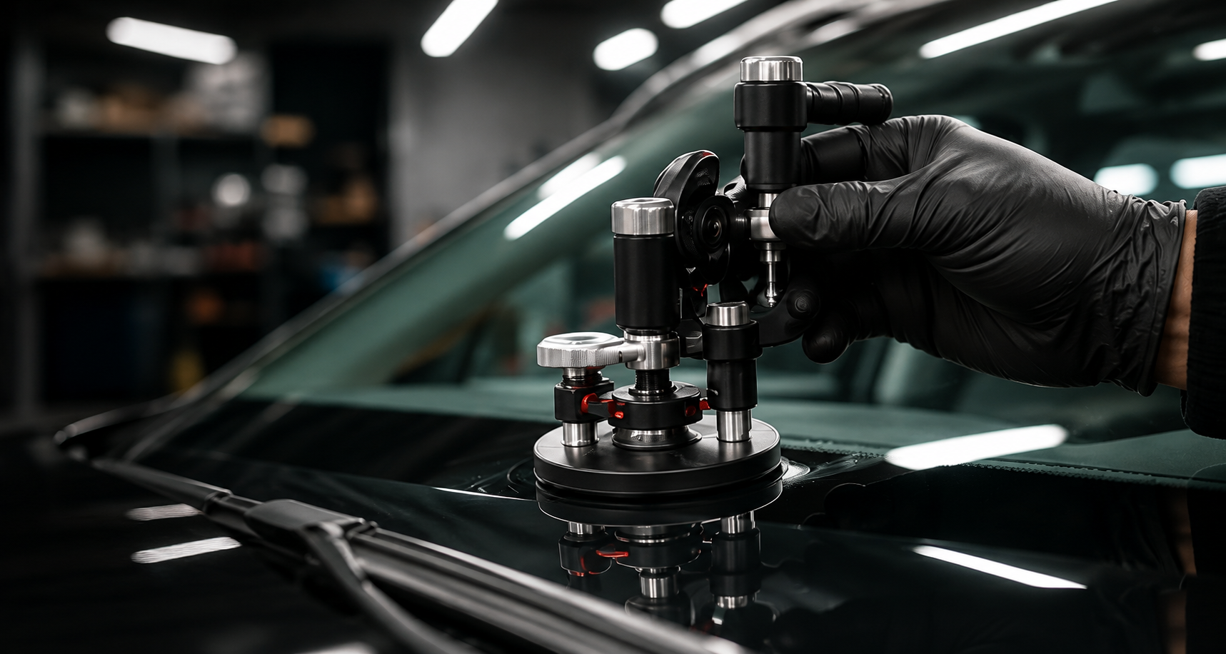 Technician using a professional windshield repair tool on auto glass