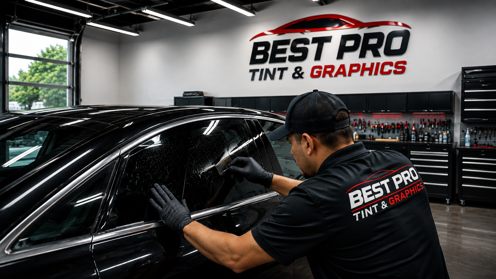 Technician installing window tint inside the Best Pro Tint & Graphics shop