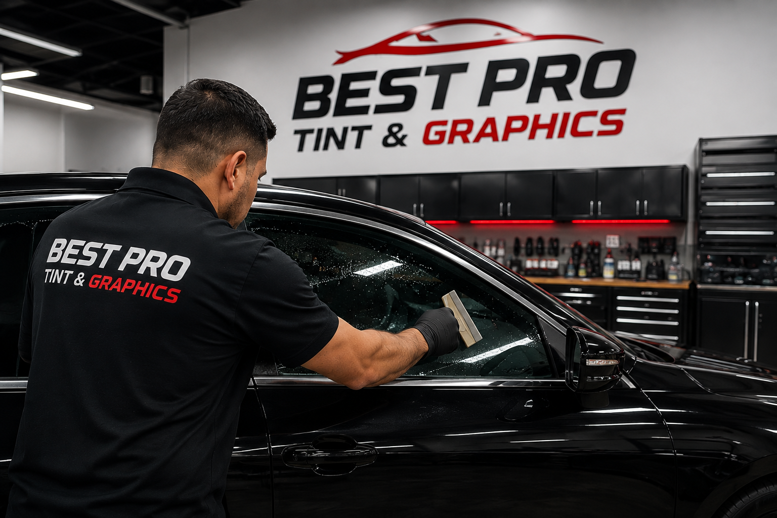 Best Pro Tint & Graphics technician applying window tint on a black vehicle inside the shop
