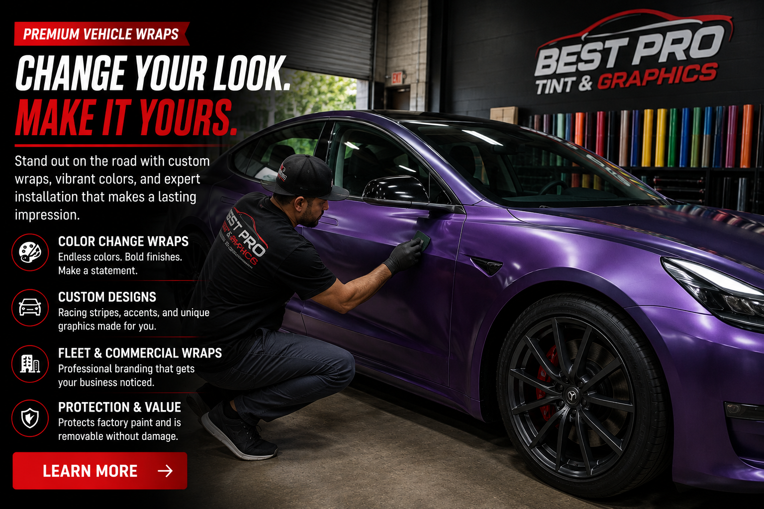Premium color-change wrapped vehicle in a professional shop