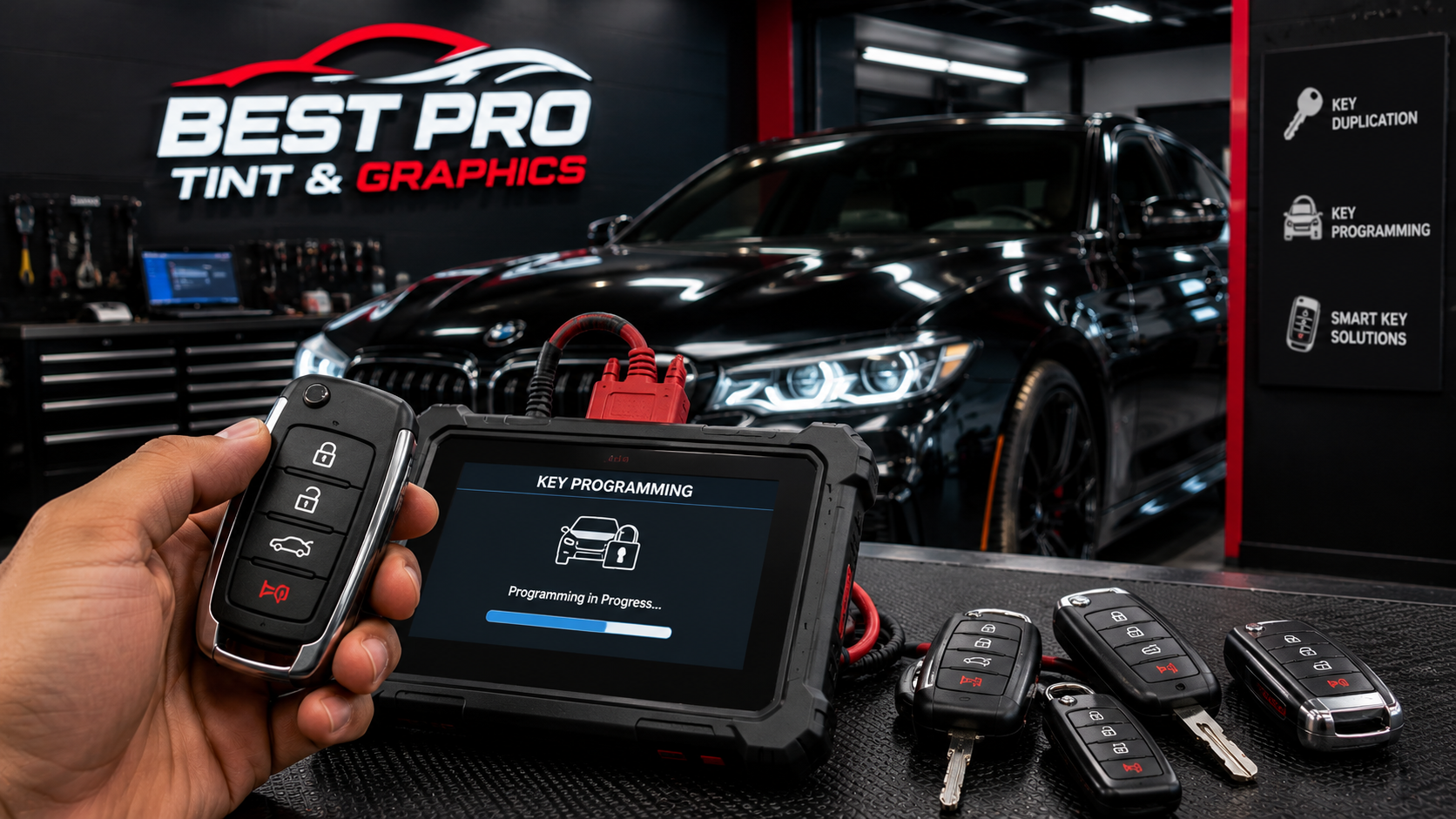 Key programming tools and replacement key fobs in front of a black vehicle at Best Pro Tint & Graphics