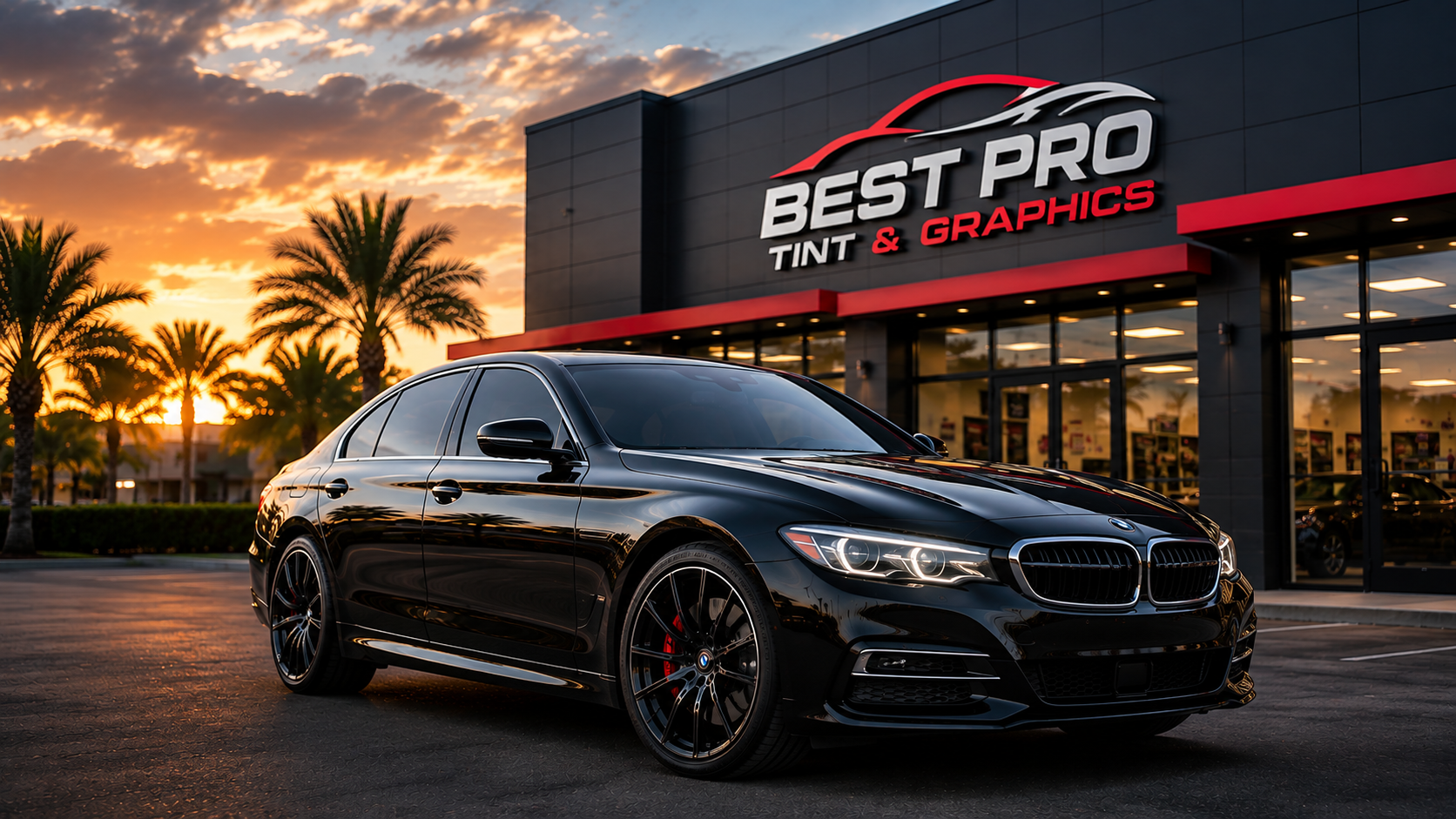 Black BMW sedan parked in front of Best Pro Tint & Graphics storefront at sunset