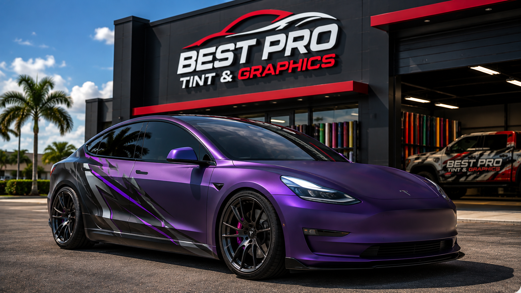 Wrapped purple performance car outside Best Pro Tint & Graphics storefront