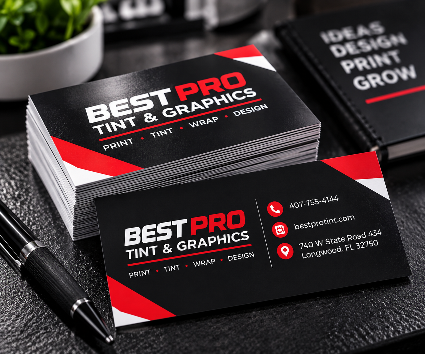Best Pro Tint & Graphics black business cards with red and white accents