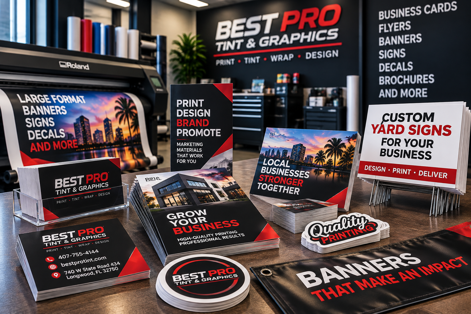 Print and graphics shop interior with business cards, flyers, banners, and custom yard signs