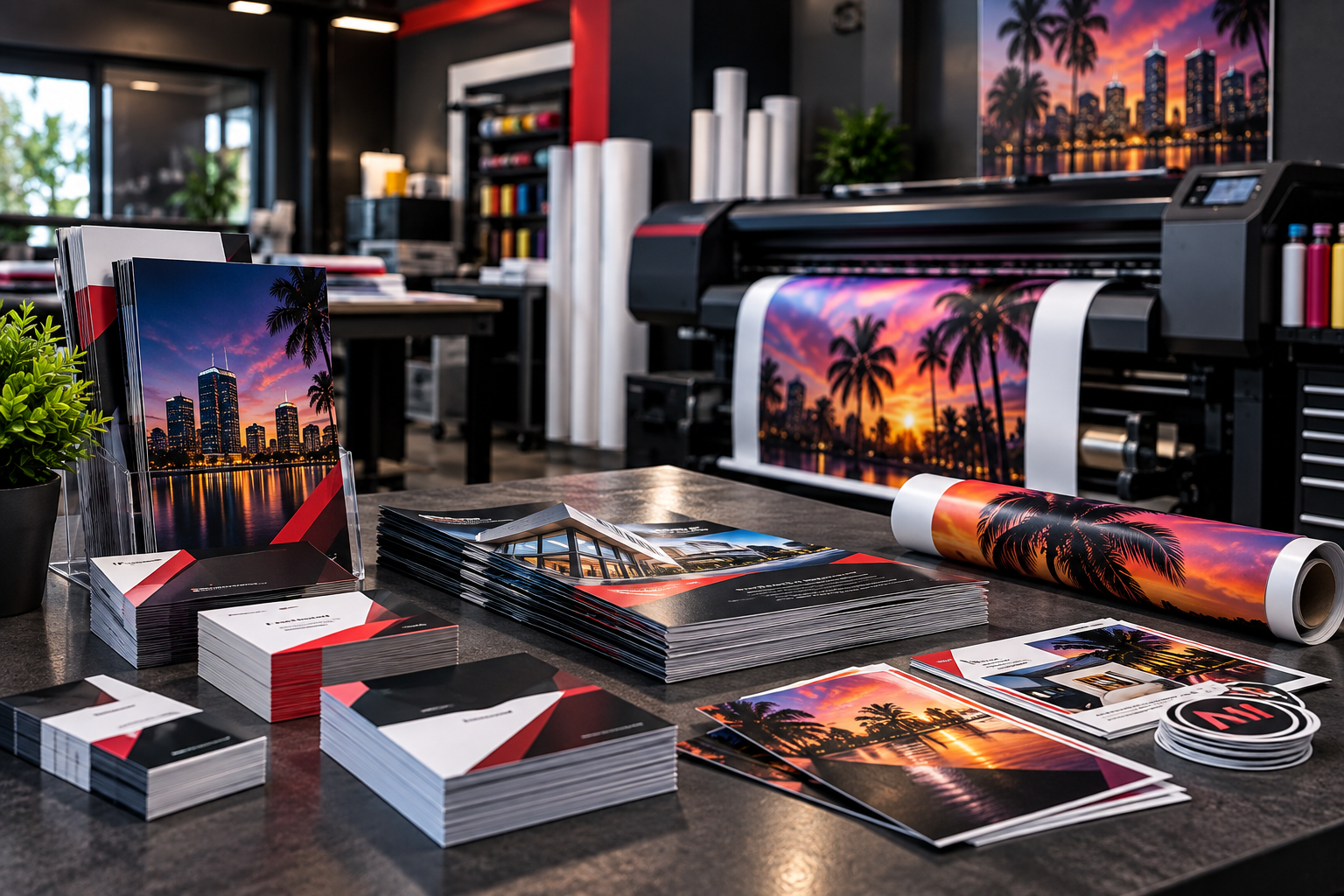 Professional print studio with a large-format printer, brochures, printed graphics, and rolled media