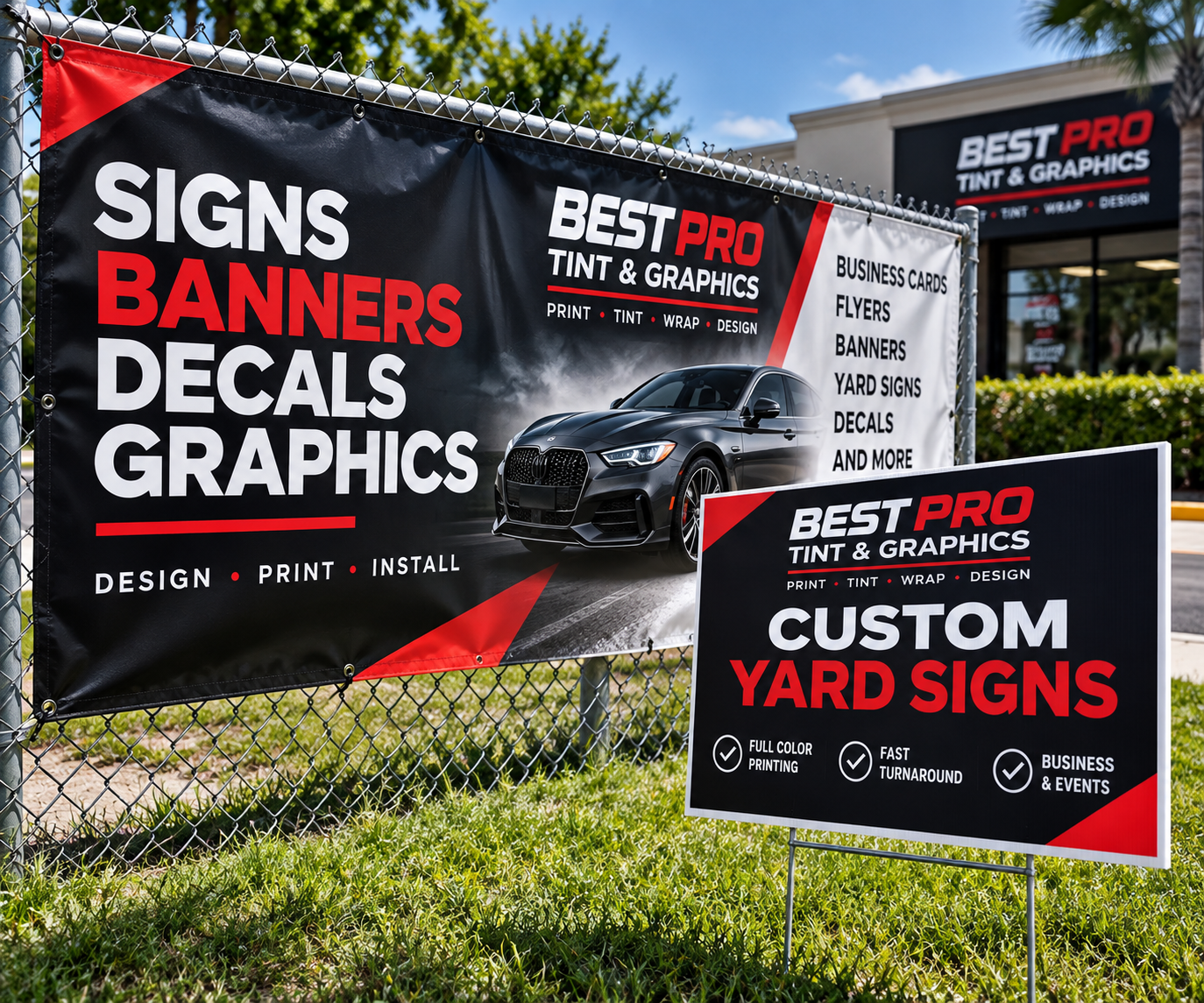 Best Pro Tint & Graphics banner and custom yard sign display