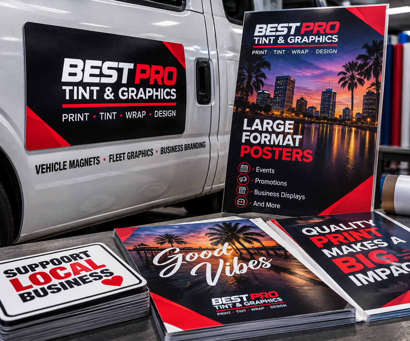 Vehicle magnets, large-format posters, and printed promotional materials by Best Pro Tint & Graphics