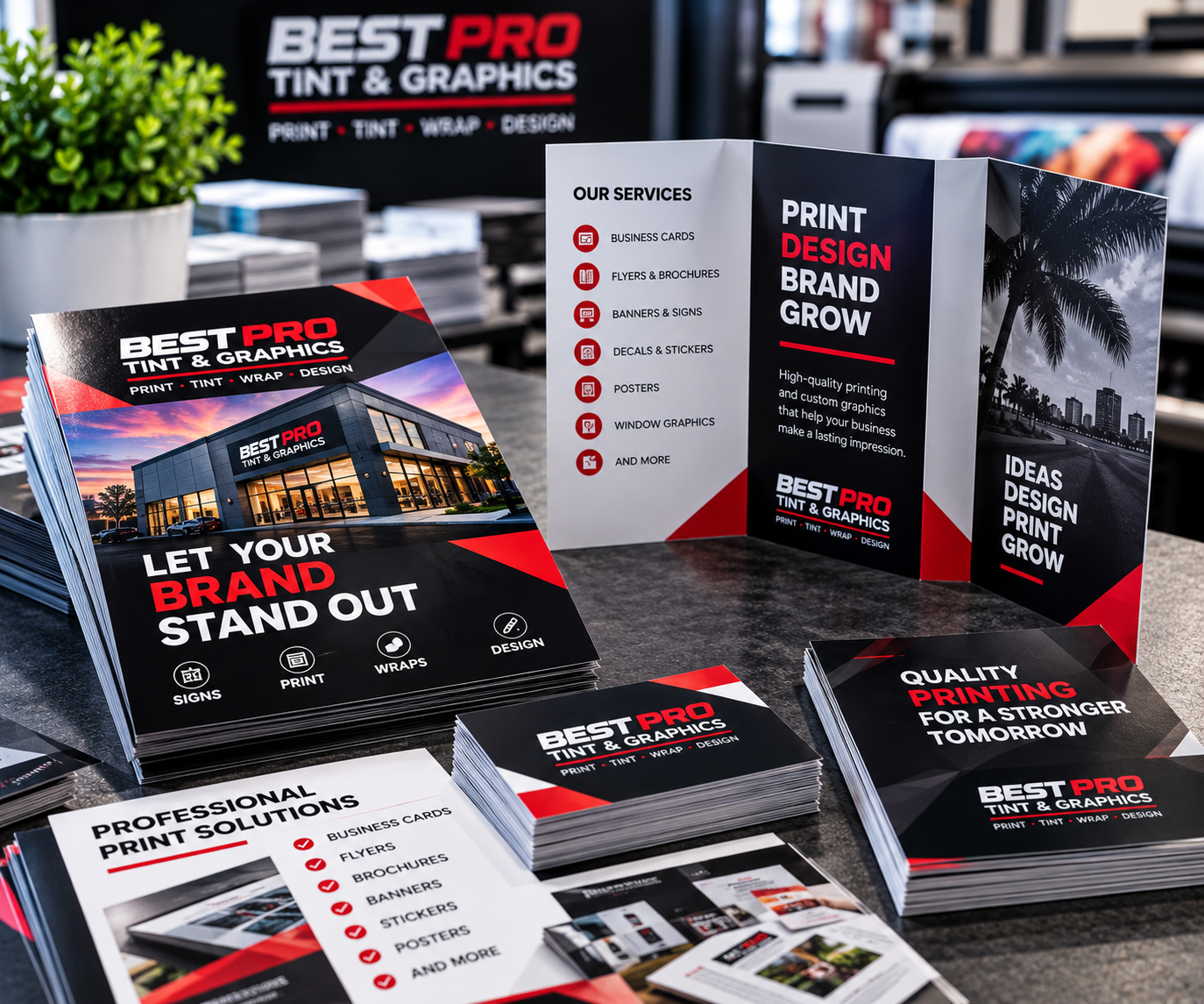 Best Pro Tint & Graphics flyers and brochures displayed on a print shop counter