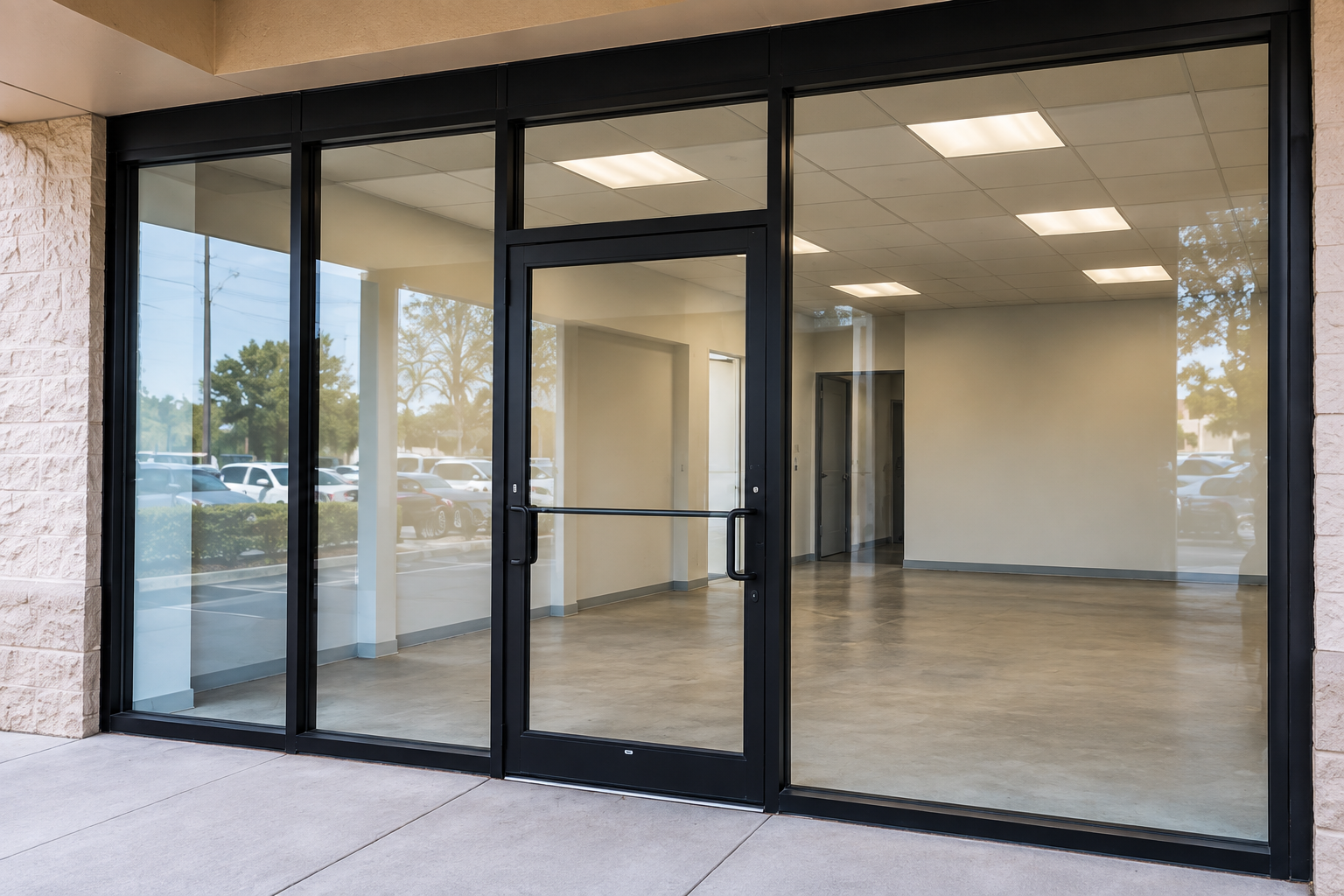 Unbranded commercial storefront entrance before graphics installation