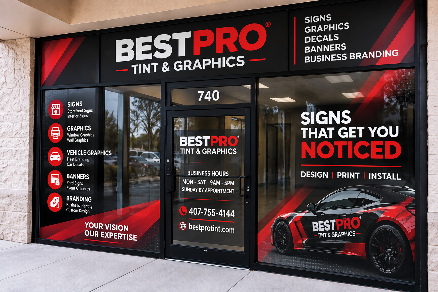 Best Pro Tint and Graphics branded storefront after graphics installation