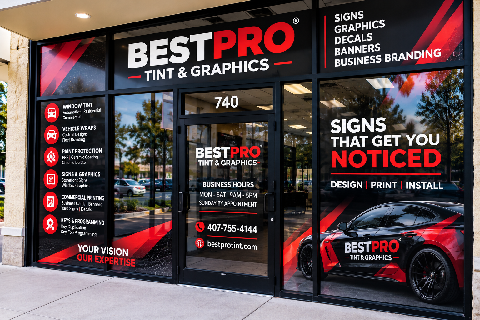 Best Pro Tint & Graphics storefront with custom window graphics and branding