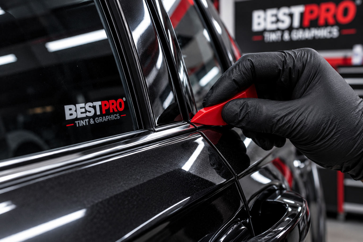 Technician applying red vinyl trim to a glossy black vehicle window