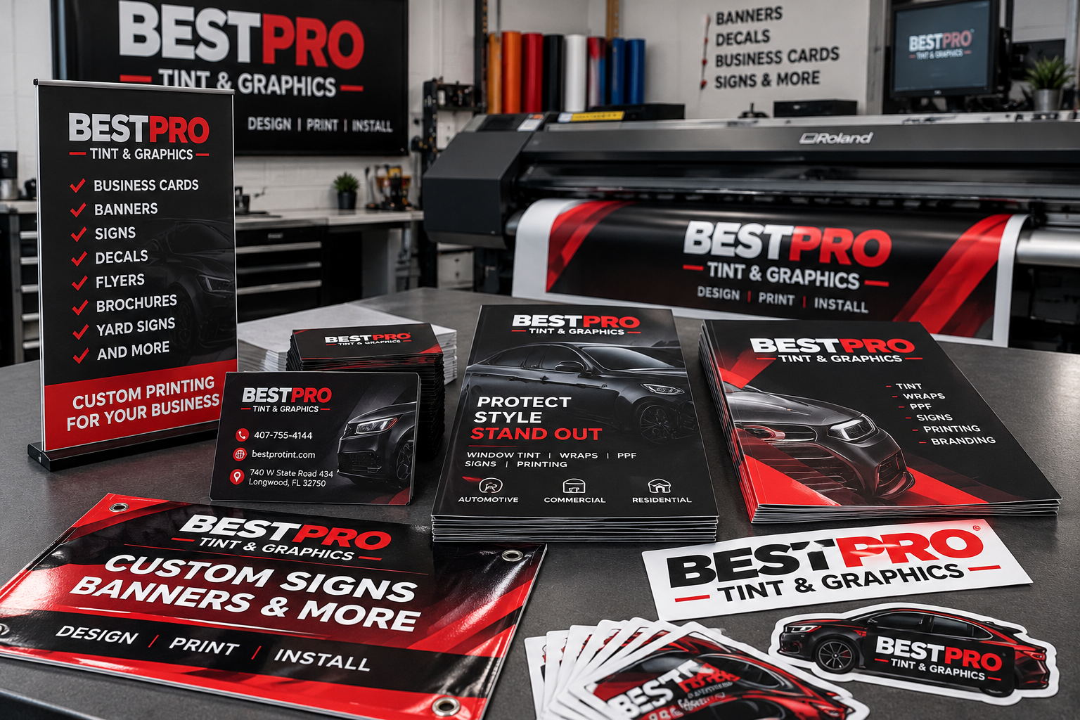 Branded Best Pro Tint & Graphics commercial printing materials and large-format printer