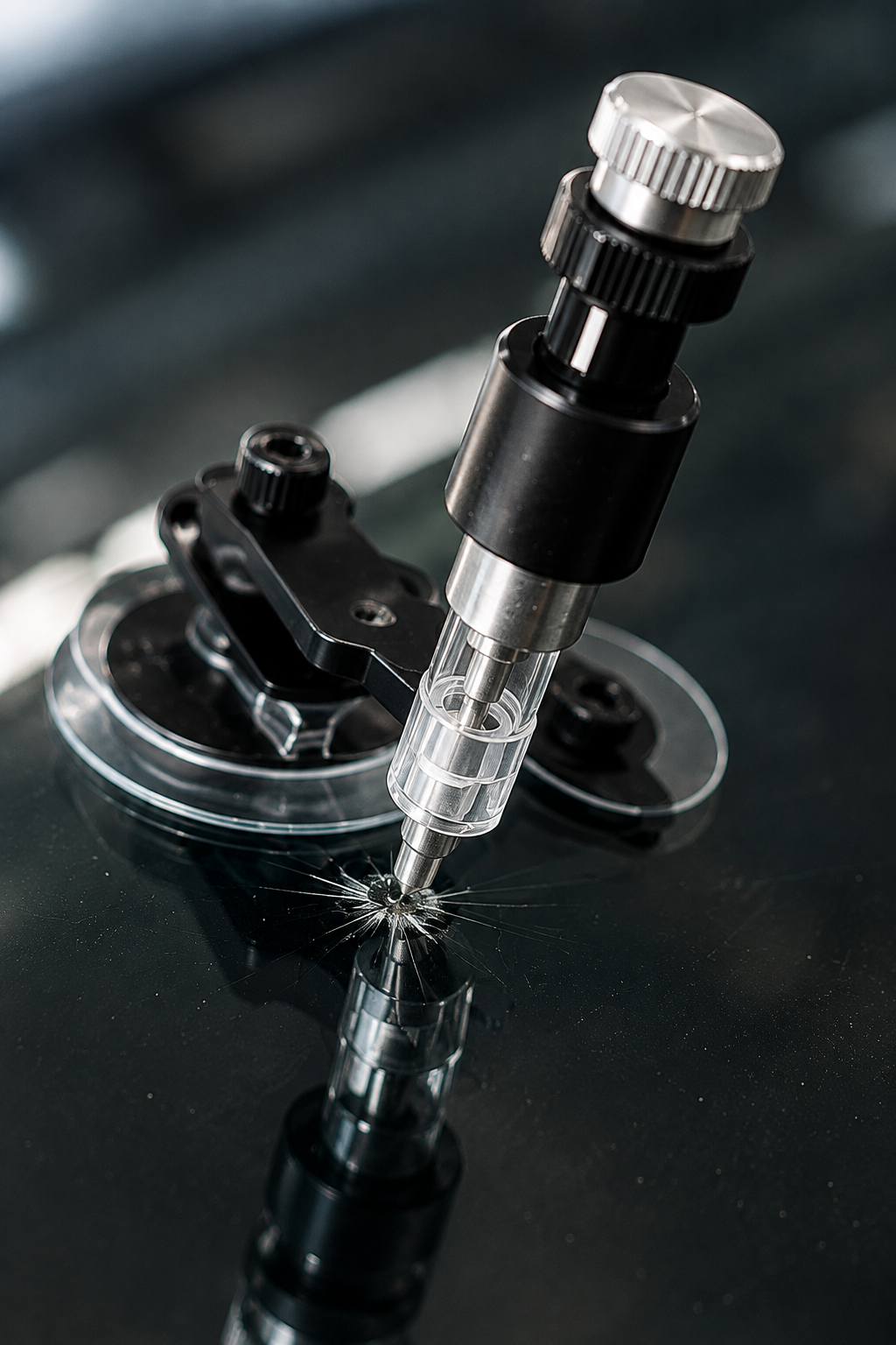 Windshield repair injector tool applying resin to a rock chip