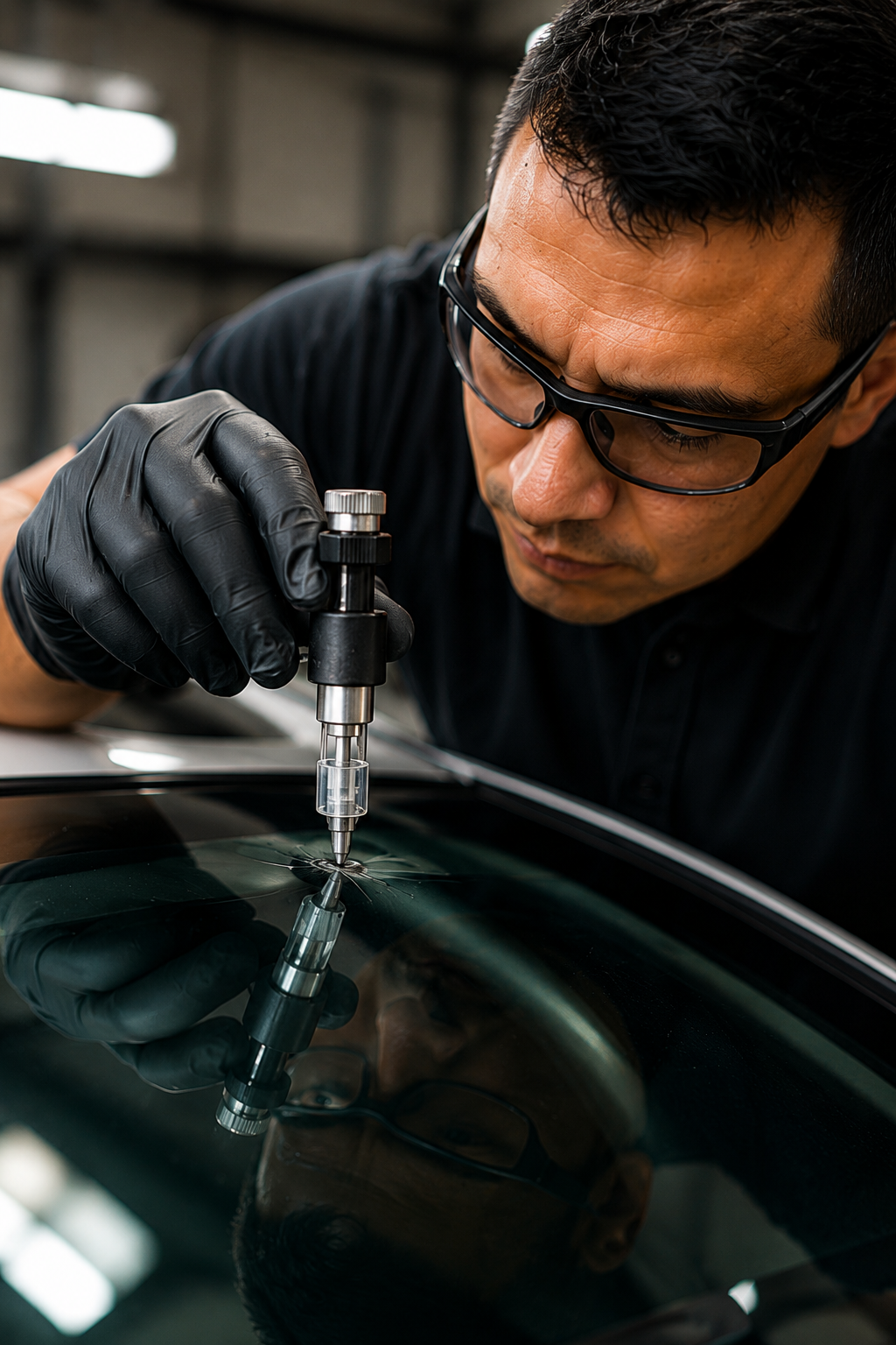Technician performing windshield rock chip repair on a vehicle