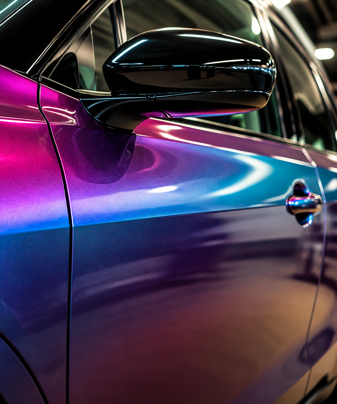 Color-shifting vehicle wrap with glossy black side mirror