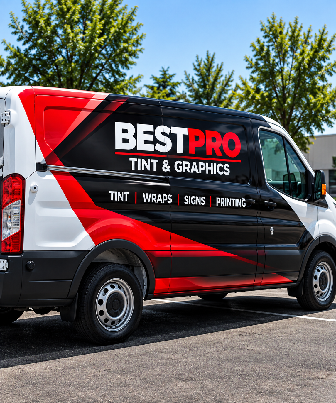 Best Pro Tint & Graphics branded commercial van with black, white, and red fleet wrap