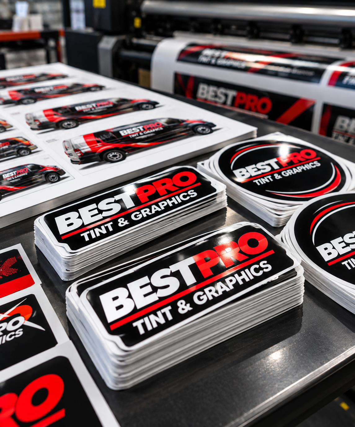 Stacks of Best Pro Tint & Graphics promotional decals beside large-format printing equipment