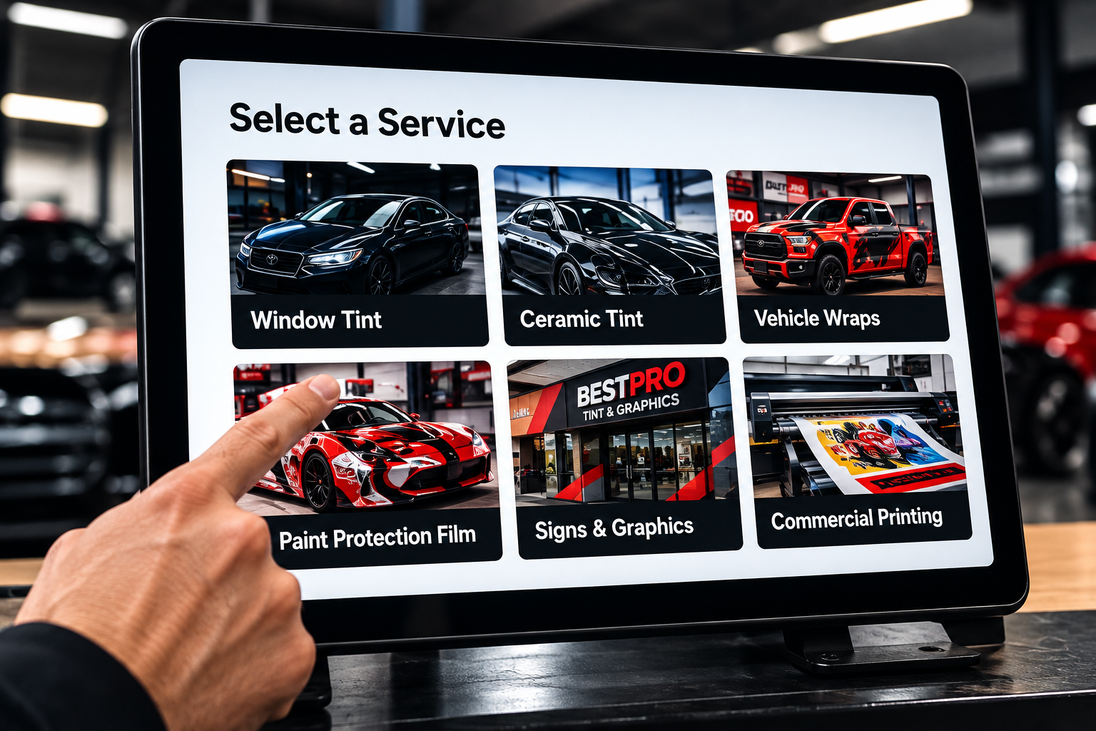 Tablet displaying automotive service options at Best Pro Tint & Graphics