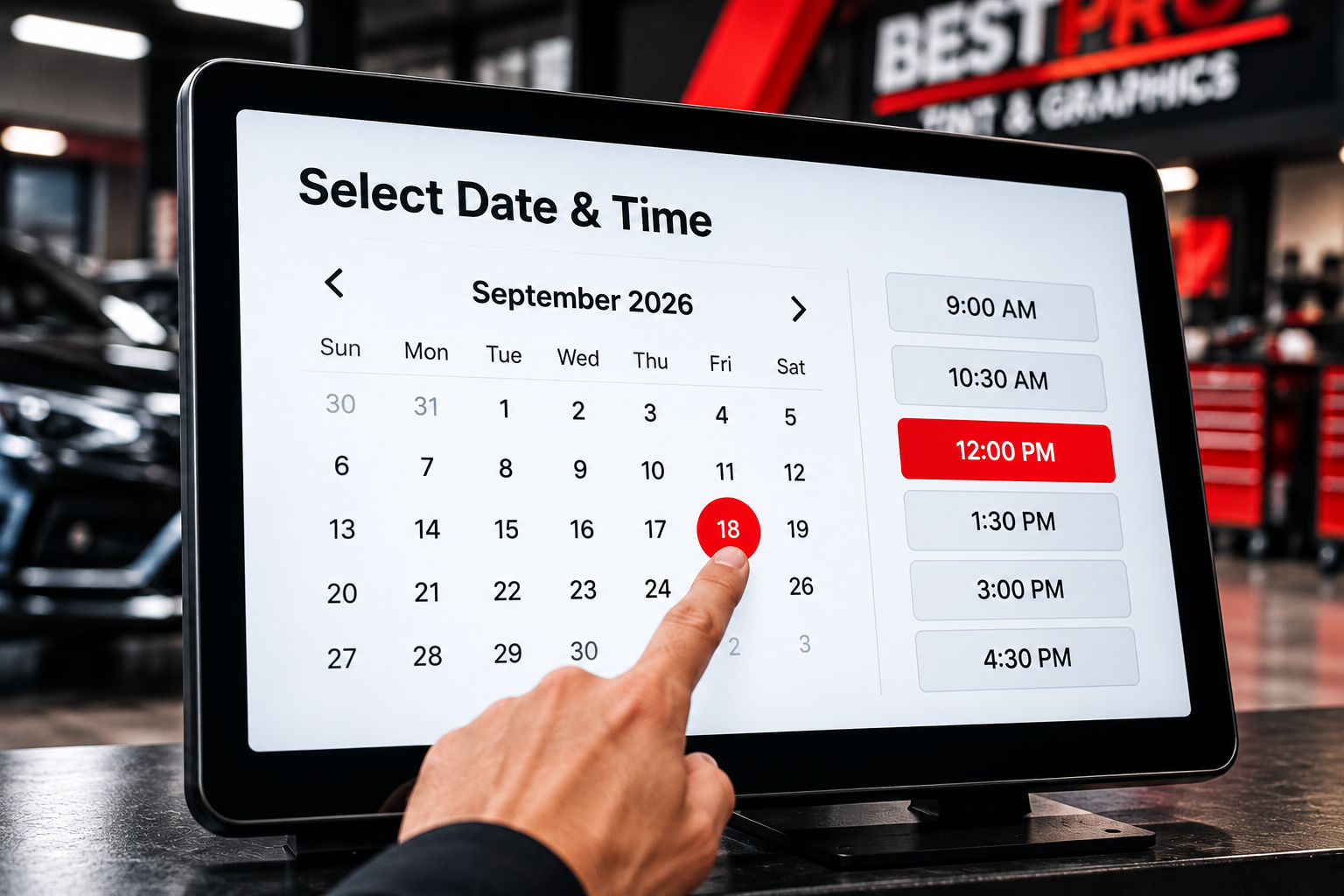 Tablet displaying appointment date and time selection at Best Pro Tint & Graphics