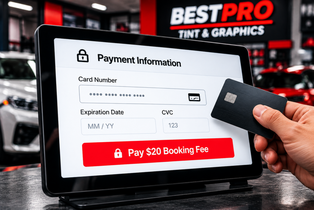 Tablet displaying secure booking fee payment at Best Pro Tint & Graphics