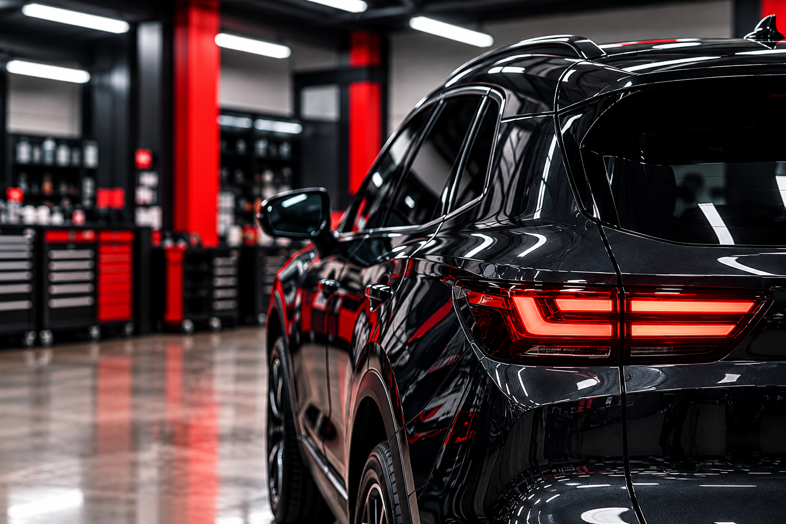 Glossy black SUV in a professional automotive workshop with red accents