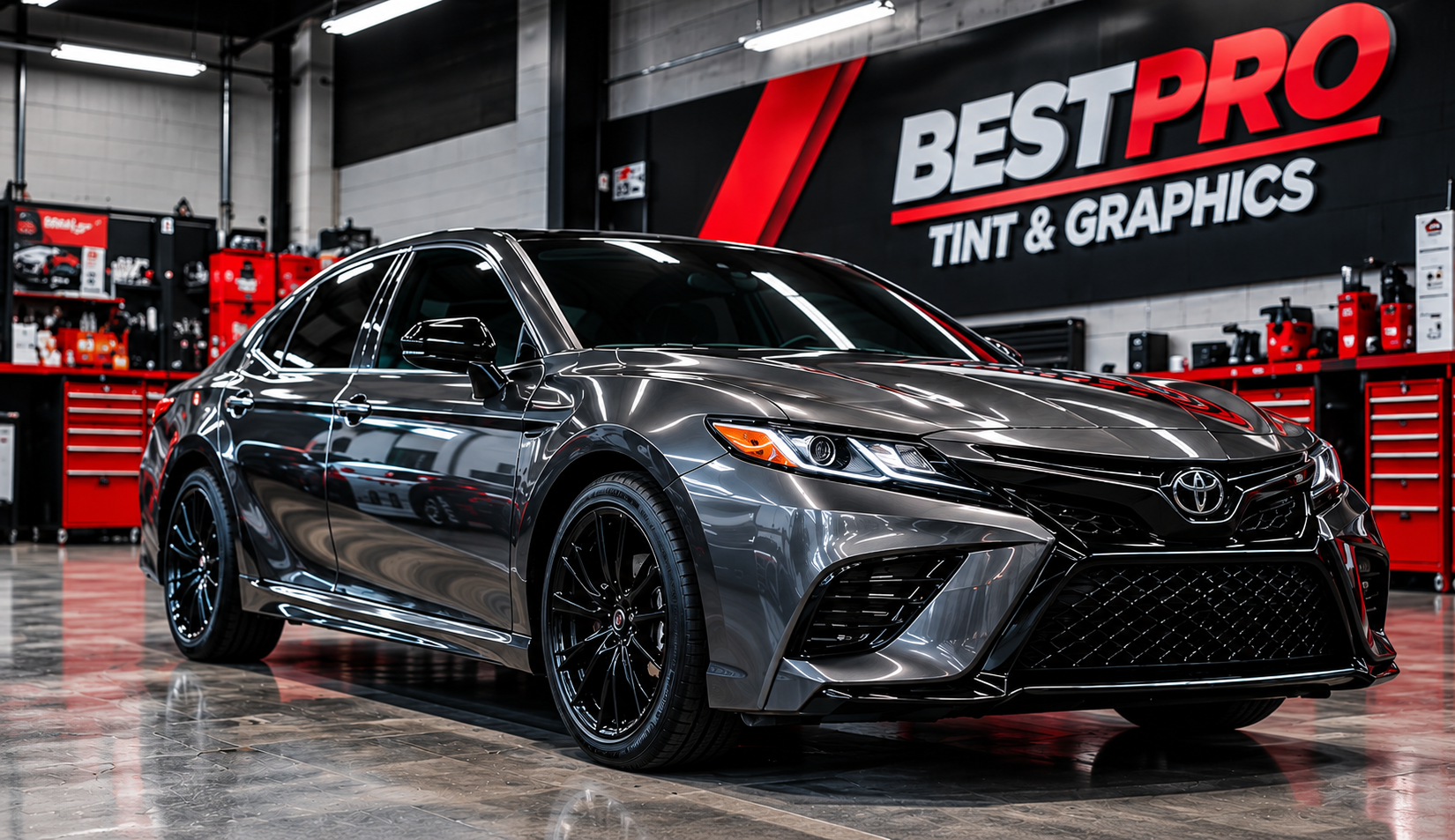 Dark gray sedan in the Best Pro Tint & Graphics automotive workshop