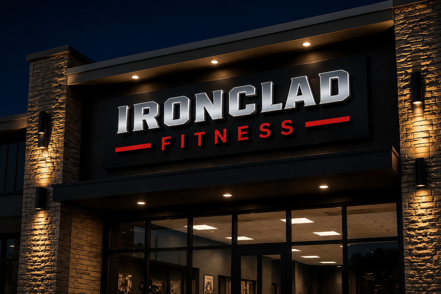 Illuminated storefront sign on a commercial building at night
