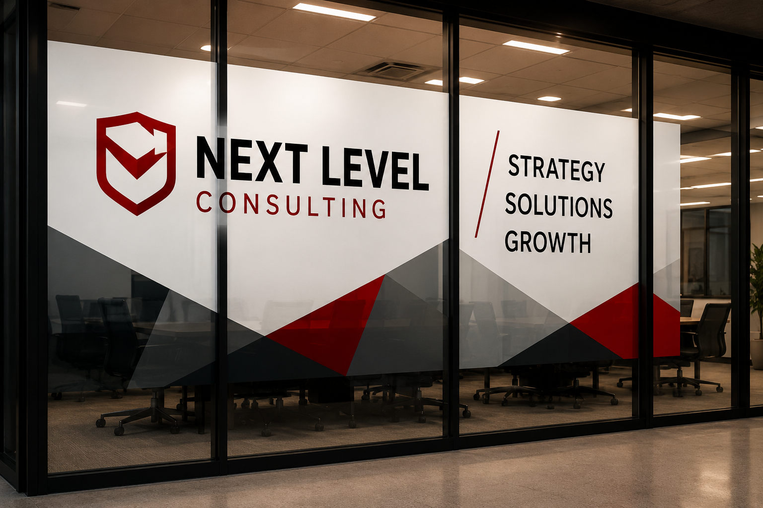Professional office glass wall graphics with red and black branded decals