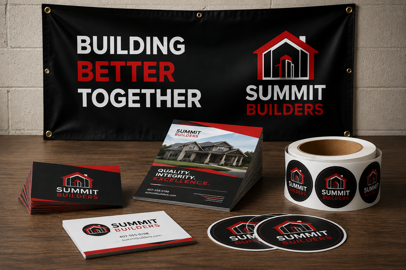 Summit Builders banner, business cards, and branded sticker labels displayed on a table