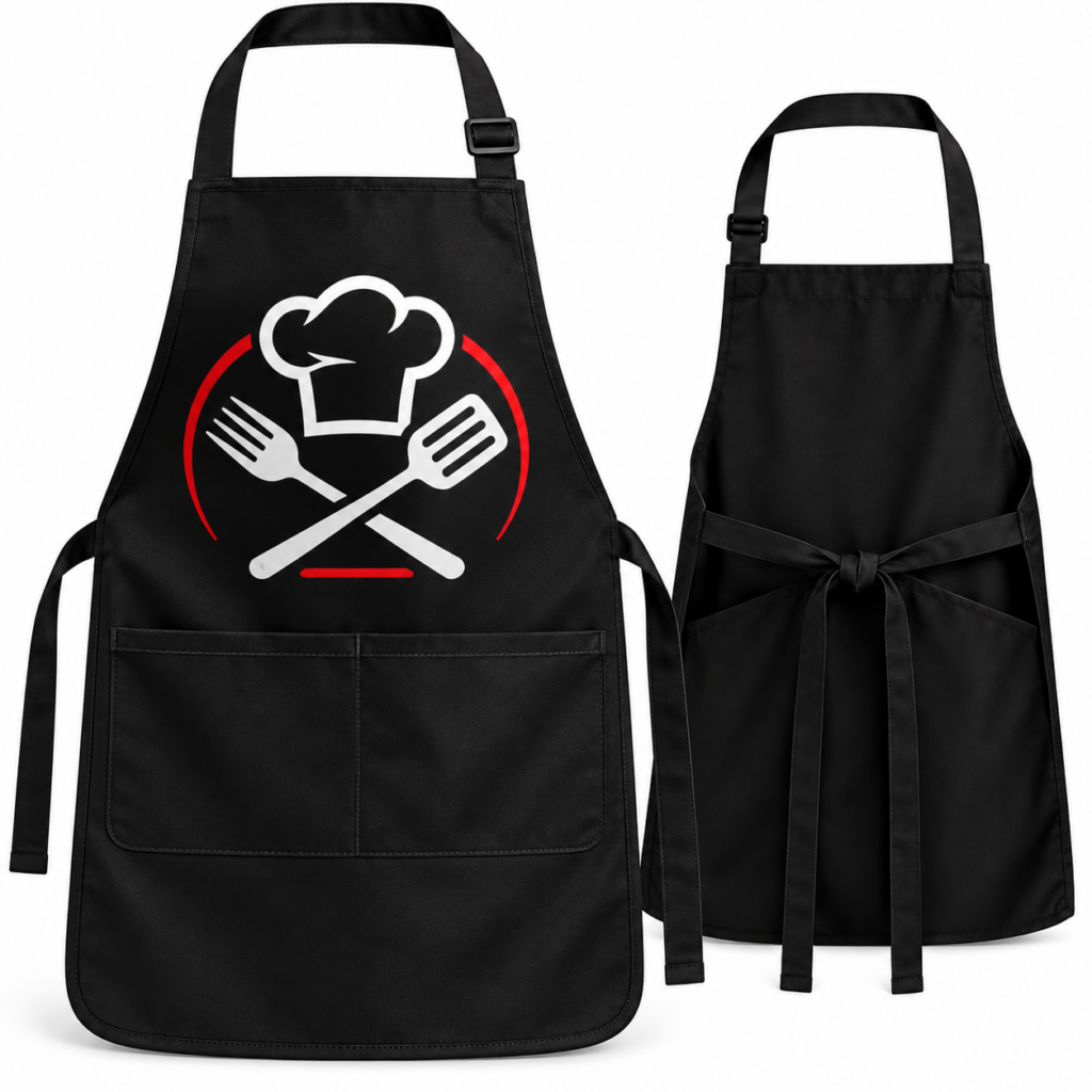 Black chef apron with printed chef hat, fork and spatula graphic