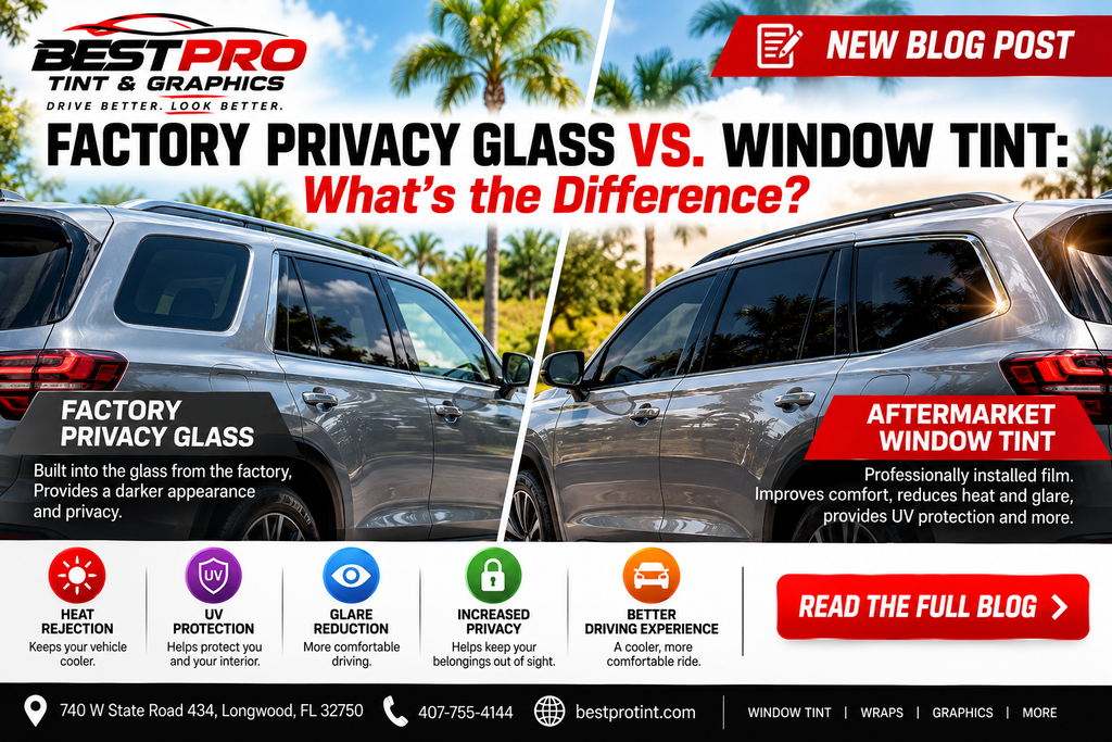 Factory privacy glass and aftermarket window tint on a vehicle