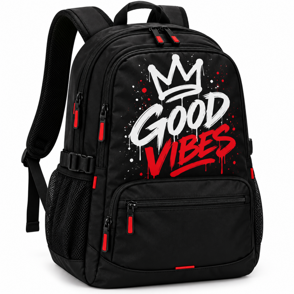 Black Good Vibes graffiti backpack with white and red printed graphic